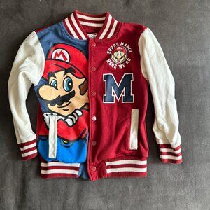 Super Mario Kids Varsity Jacket Red & White Long Sleeve Button-Up Cotton Blend S